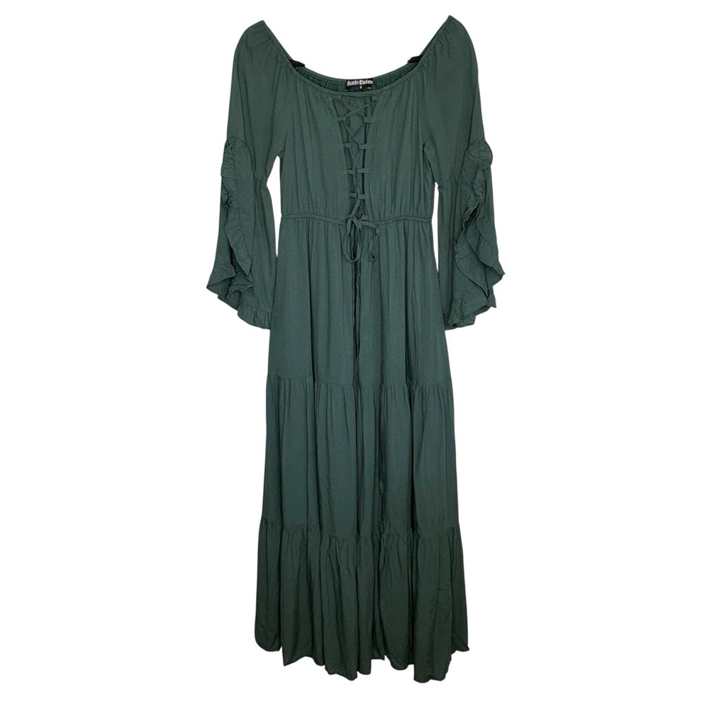 Scarlet Darkness Lace Up Dress S Cottage Ren Fair Midi Off Shoulder Ruffle NEW